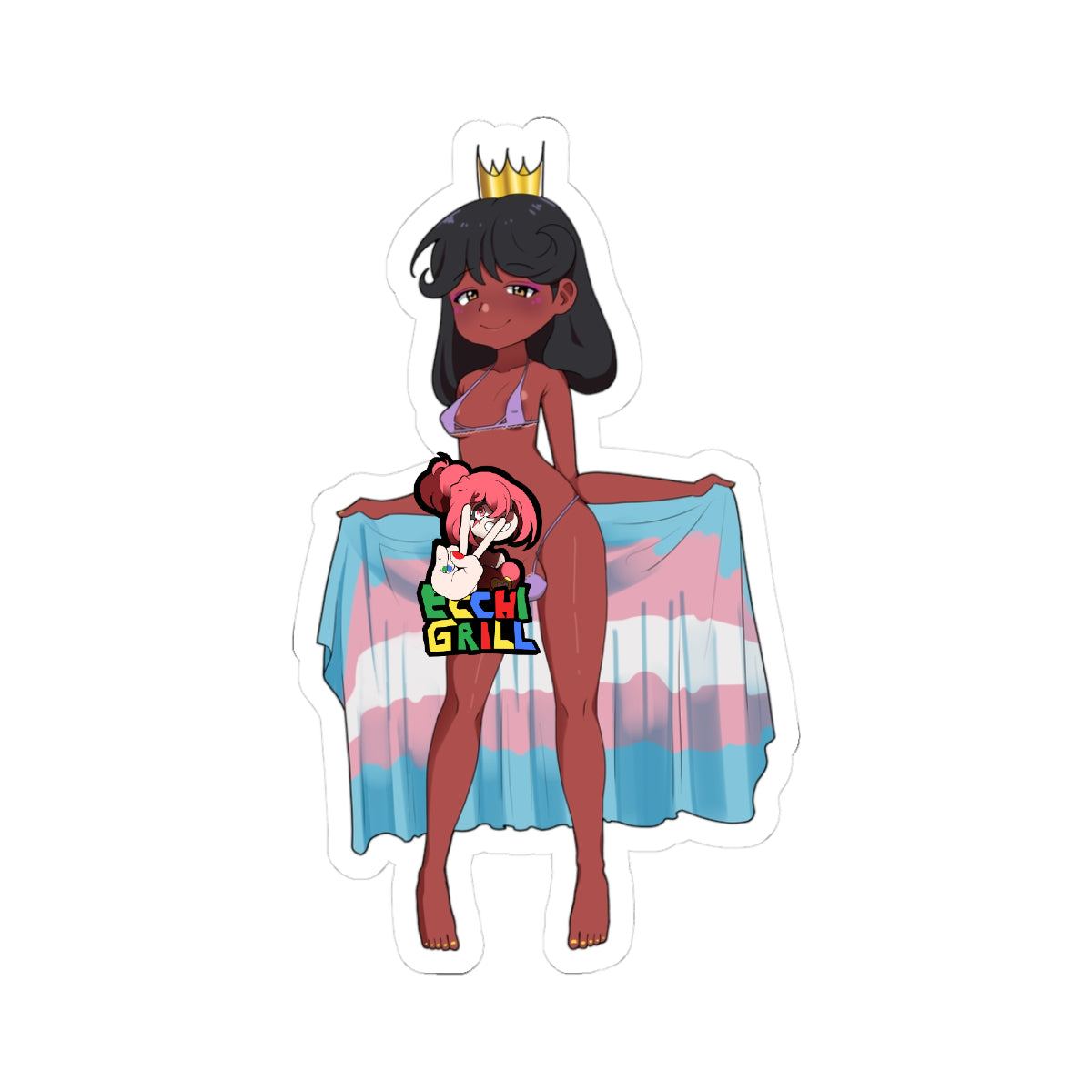 Chibi ebony futa queen with golden crown and long wavy black hair, smirking while wearing a skimpy purple bikini that strains against her thick semi-erect cock, arms spread to display a flowing transgender pride flag as a cape