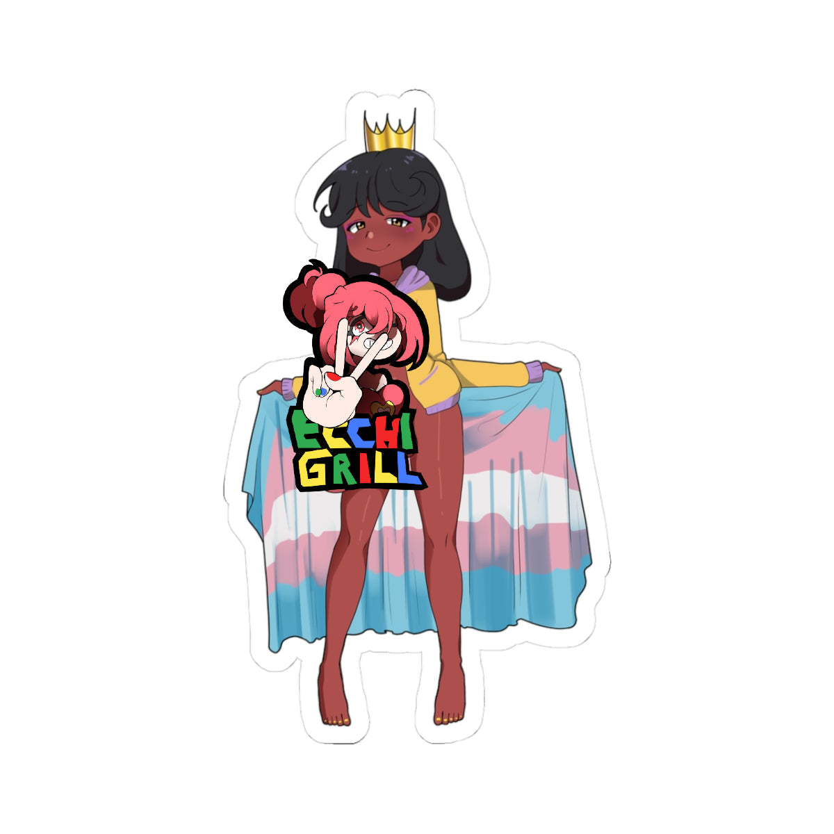 Chibi anime ebony futa princess with golden crown and wavy black hair, smirking confidently while draping a transgender pride flag like a cape and revealing purple panties bulging with her semi-erect cock in an open yellow jacket.