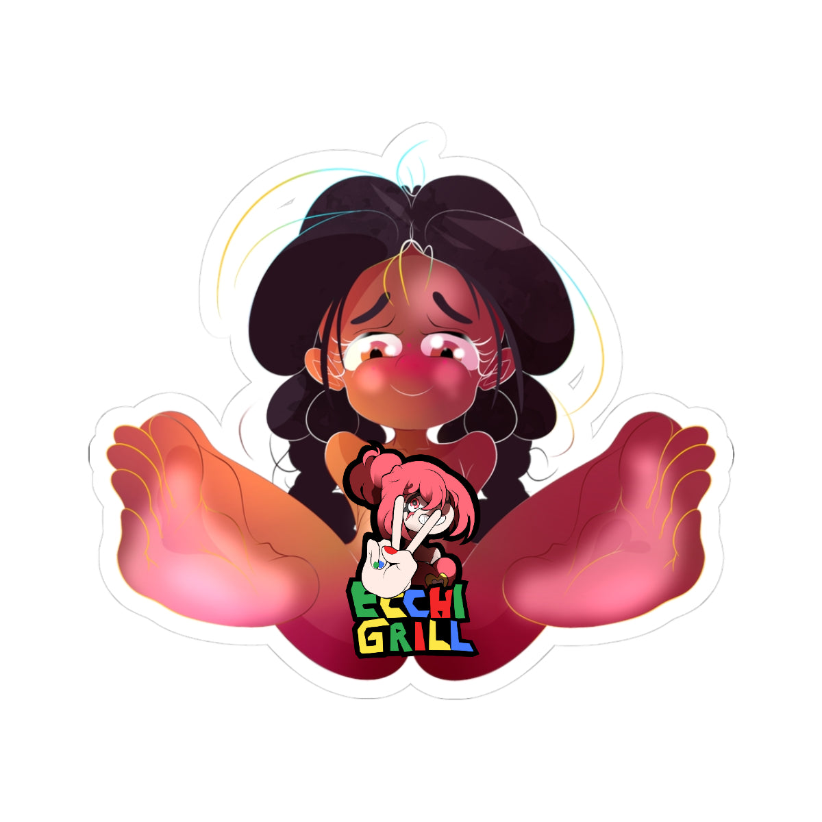 dark-skinned ebony anime girl with long black braided pigtails, intense teary ahegao face with blushing cheeks and pleading eyes, legs spread wide holding feet up to camera, exposing shaved pink pussy in close-up view.