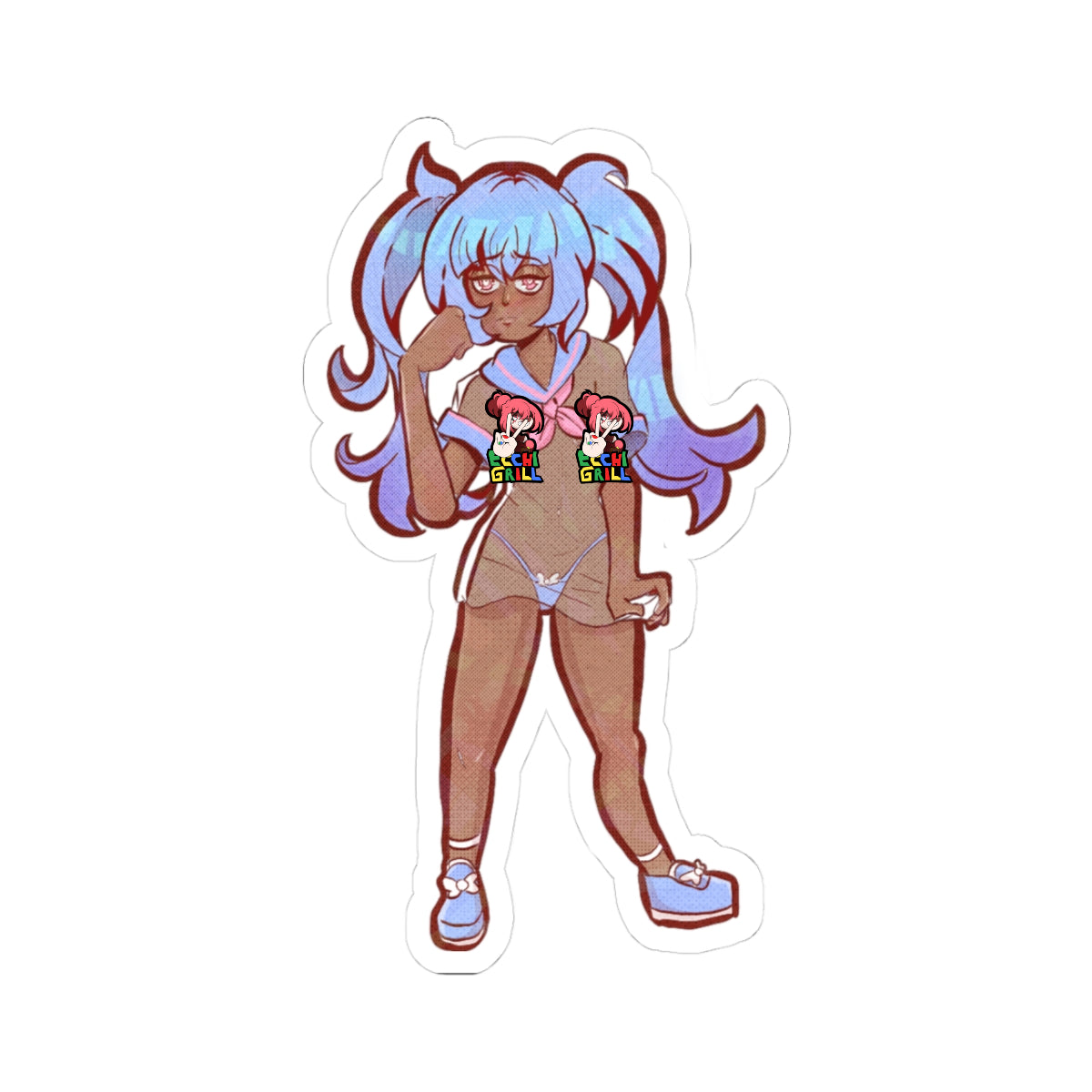 Thicc Ebony Waifu with Blue Twintails Strips Out of Her Seifuku - NSFW Adult Anime Sticker