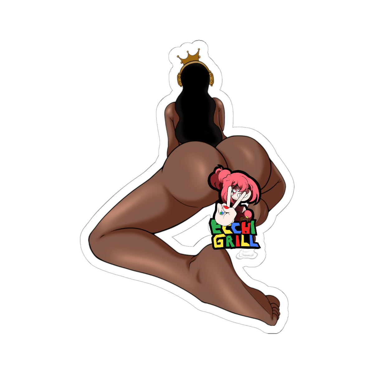 Fictional ebony futanari queen wearing golden crown headphones, on all fours with huge round brown ass raised high, thick futa cock hanging and dripping cum onto the floor, back view showing long black hair and powerful legs in erotic hentai sticker style.
