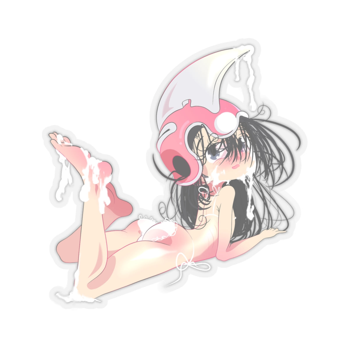 Adorable chibi anime girl with long black hair and pink crescent moon helmet lying on her side in white lingerie, covered in thick white fluid dripping down her body, legs, and helmet in explicit ecchi bukkake style.
