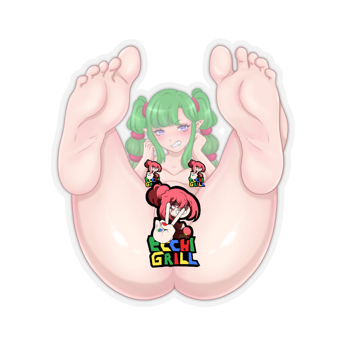 Playful nude futa anime elf girl with green twin-tails and pointed ears poses legs-up in POV, enormous soft bare soles filling the frame on both sides, thick thighs spread wide exposing flaccid hanging cock and heavy balls with round plump ass, teasing smirk with tongue out and blushing face.