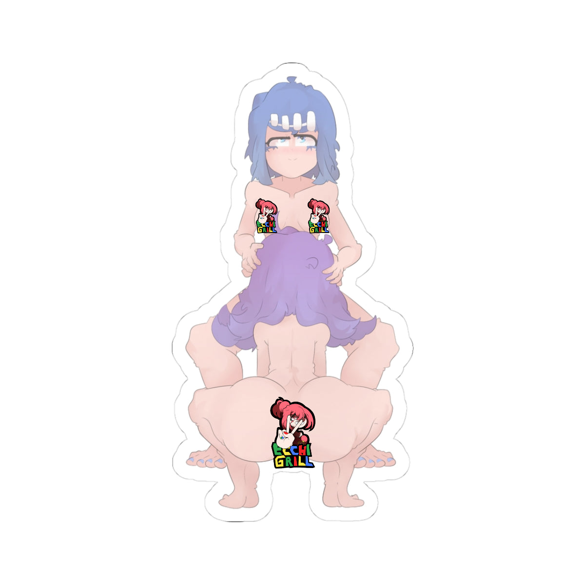 Dominant futanari mother with blue hair and golden headband sitting relaxed, her thick veiny erect cock deeply buried in the mouth of her daughter's kneeling best friend with purple hair, heavy white cum overflowing from the corners of the friend's lips as she deepthroats and swallows, both fully nude with flushed aroused expressions in intense taboo futa oral sex throatpie scene.