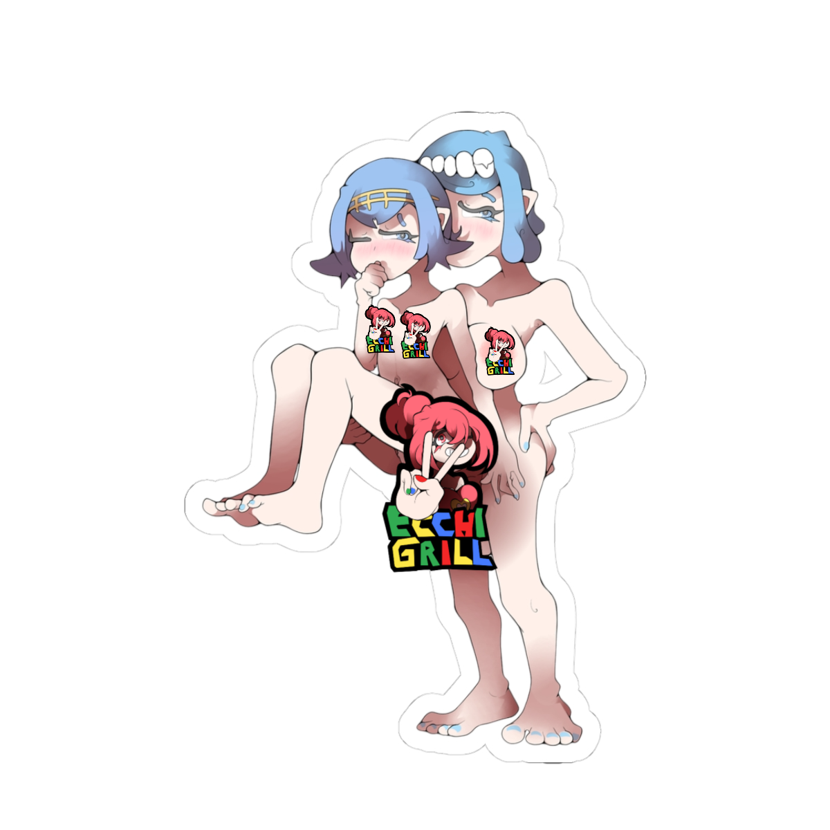 Dominant futanari elf mother with blue hair, golden headband, and aroused expression lifting her smaller blue-haired elf daughter in full nelson carry position, thick veiny cock buried deep in daughter's shaved pussy, both nude with flushed faces and pointed ears, daughter's legs spread wide in mid-air, detailed deep penetration and dripping fluids in intense suspended mother-daughter incest sex scene.