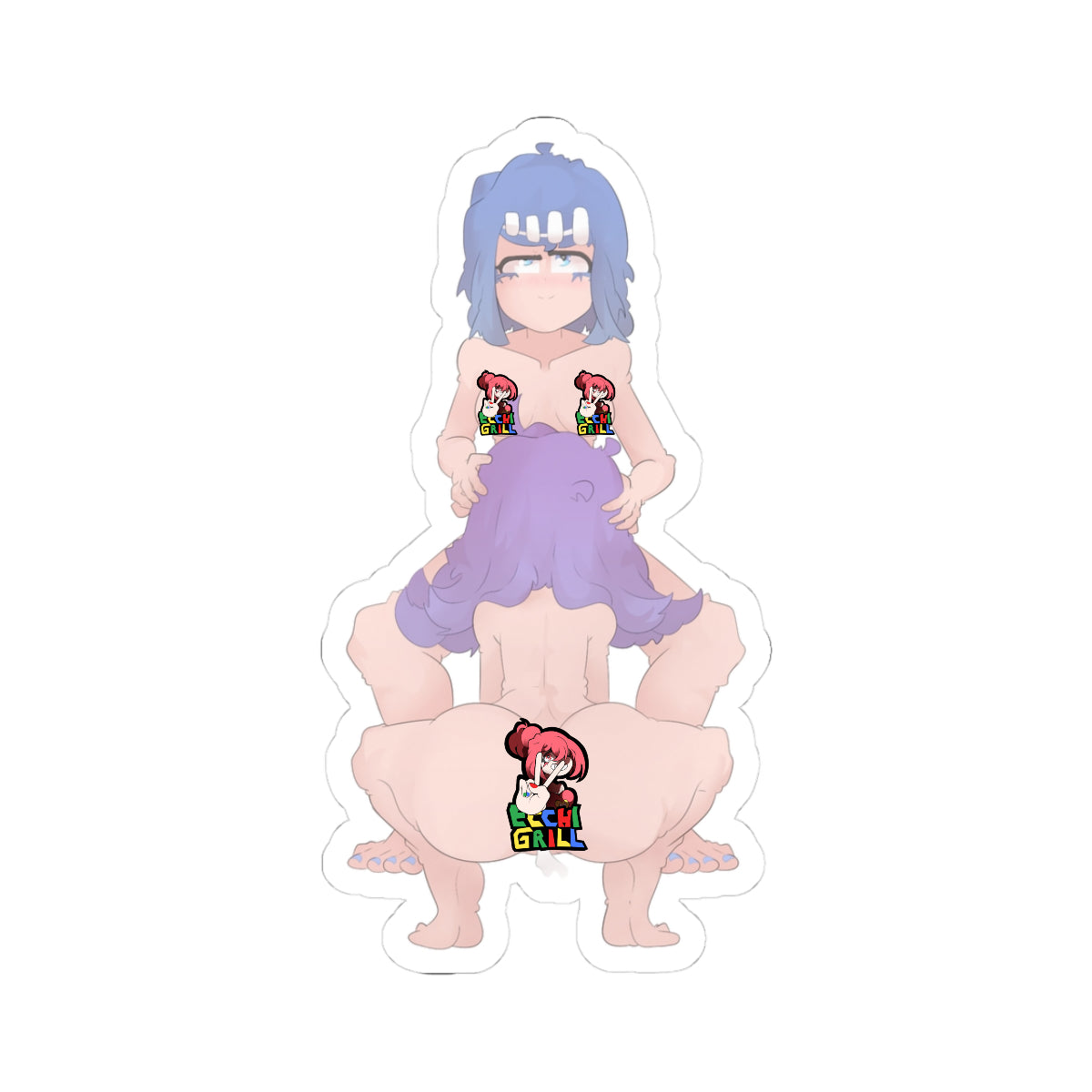 Dominant futanari mother with blue hair and golden headband sitting relaxed, her thick veiny cock covered in cum and ass residue being deepthroated by her daughter's kneeling best friend with purple hair, heavy white creampie still leaking from the friend's stretched asshole and dripping down thighs while she sucks and cleans the shaft, both fully nude with flushed aroused expressions in intense taboo post-anal oral cleanup scene.