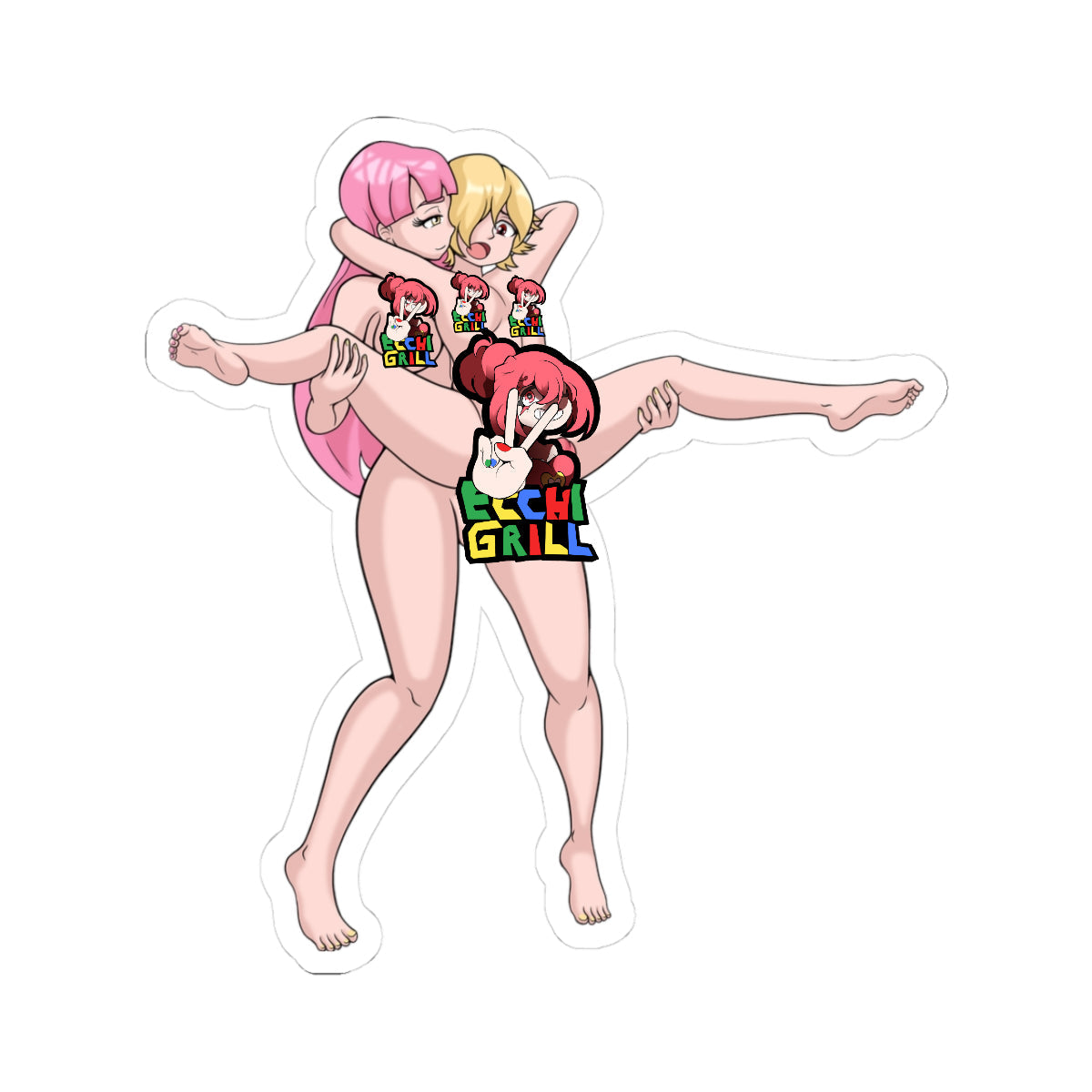 Dominant futanari with long pink hair lifting and holding a nude blonde femboy in full nelson carry position, her massive erect cock deeply penetrating his tight ass from below, both fully naked with flushed faces and aroused expressions, femboy's legs spread wide in mid-air, detailed anal penetration, dripping precum, and intense standing suspended futa-on-femboy sex scene.