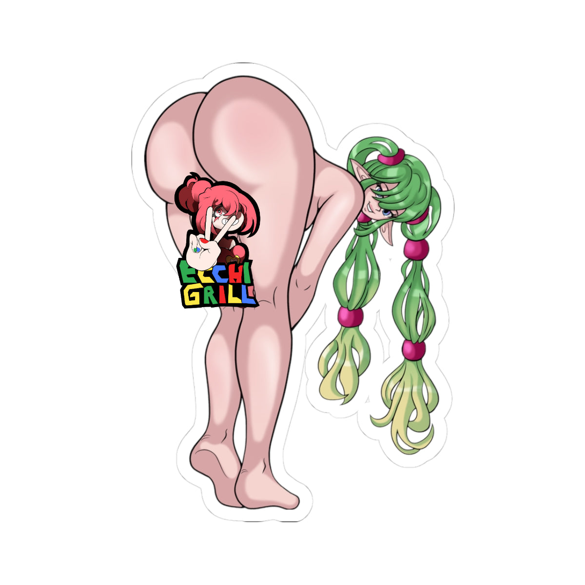 Nude original character futanari elf girl with long green twin ponytails and pointed ears, deeply bending over with legs straight, massive round ass cheeks on full display, huge veiny cock and heavy balls hanging between thighs, playful aroused expression looking back, explicit detailed hentai style rear view.