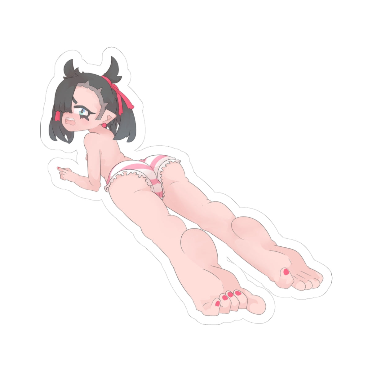 Cute angry demon girl with black horns, red ribbon, and short black hair lying prone on her stomach, topless with small breasts pressed against the ground, wearing tight pink-and-white striped panties hugging her massive thick thighs and round ass, long legs stretched out, bare feet with red painted toenails, elf-like ears, glaring expression with flushed cheeks.