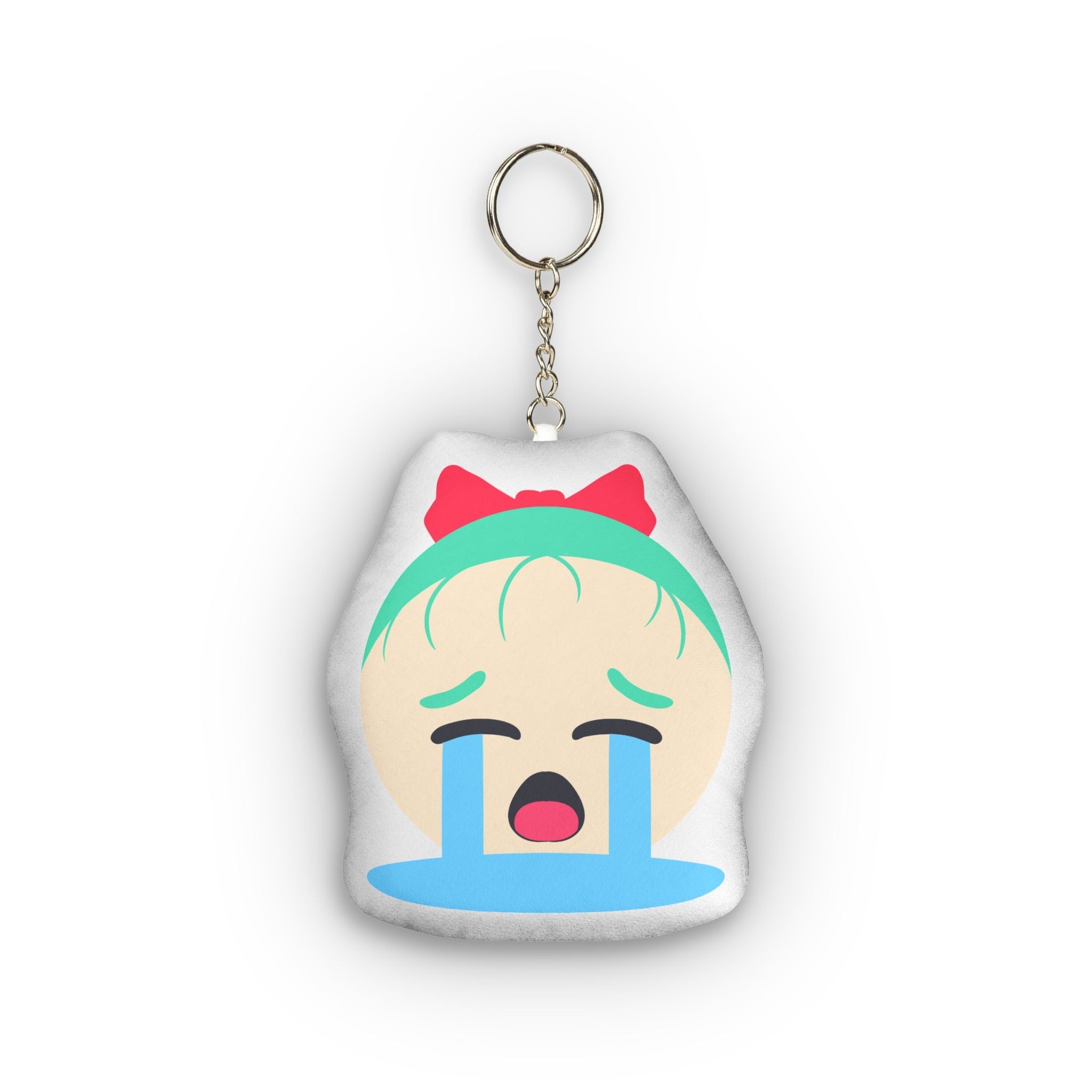 Adorable anime plush keychain of a girl with teal green hair, red bow headband, eyes closed in blissful ecstasy, wide open mouth, heavy flowing blue tears streaming down her face, flushed cheeks, and exaggerated overwhelmed ahegao crying expression on a soft pillow-shaped charm.