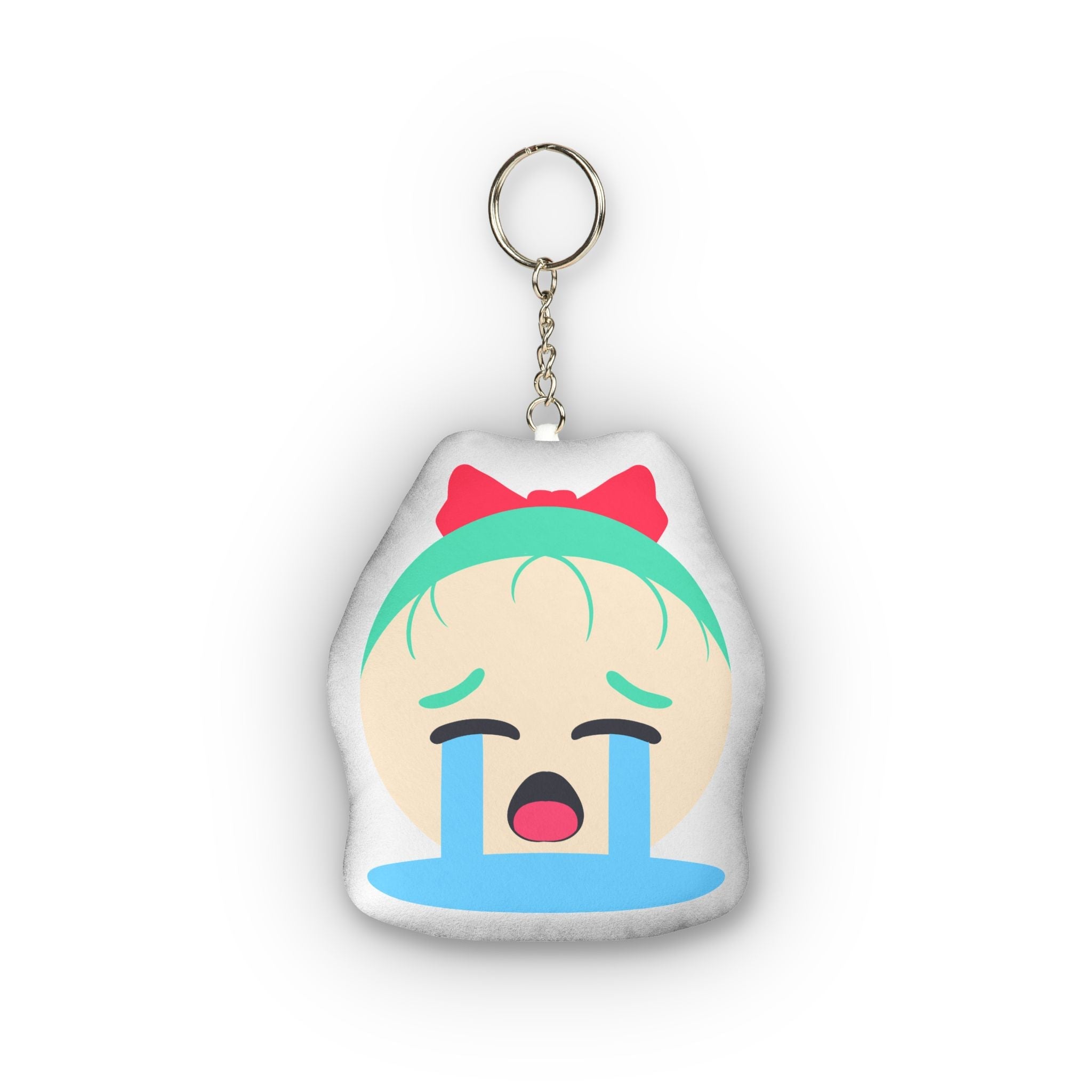 Adorable anime plush keychain of a girl with teal green hair, red bow headband, eyes closed in blissful ecstasy, wide open mouth, heavy flowing blue tears streaming down her face, flushed cheeks, and exaggerated overwhelmed ahegao crying expression on a soft pillow-shaped charm.