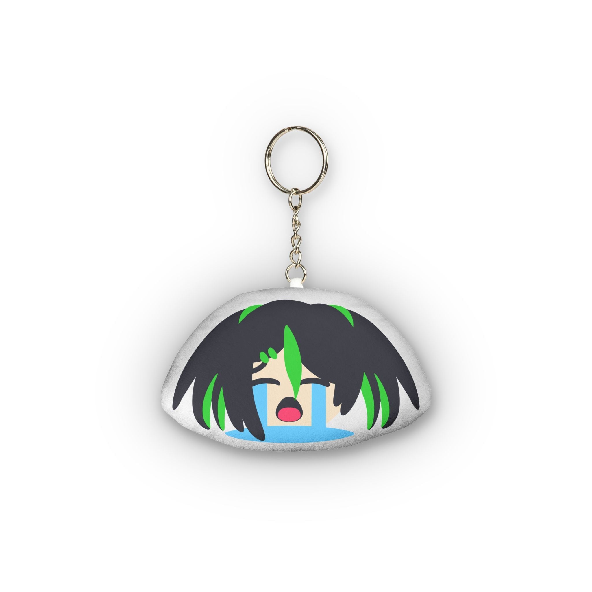 Adorable hentai-style plush keychain of anime girl with short black hair accented by vibrant green highlights, distressed sobbing expression, eyes tightly closed, huge dramatic blue tears flooding down her flushed face, wide open mouth in exaggerated emotional chibi design.