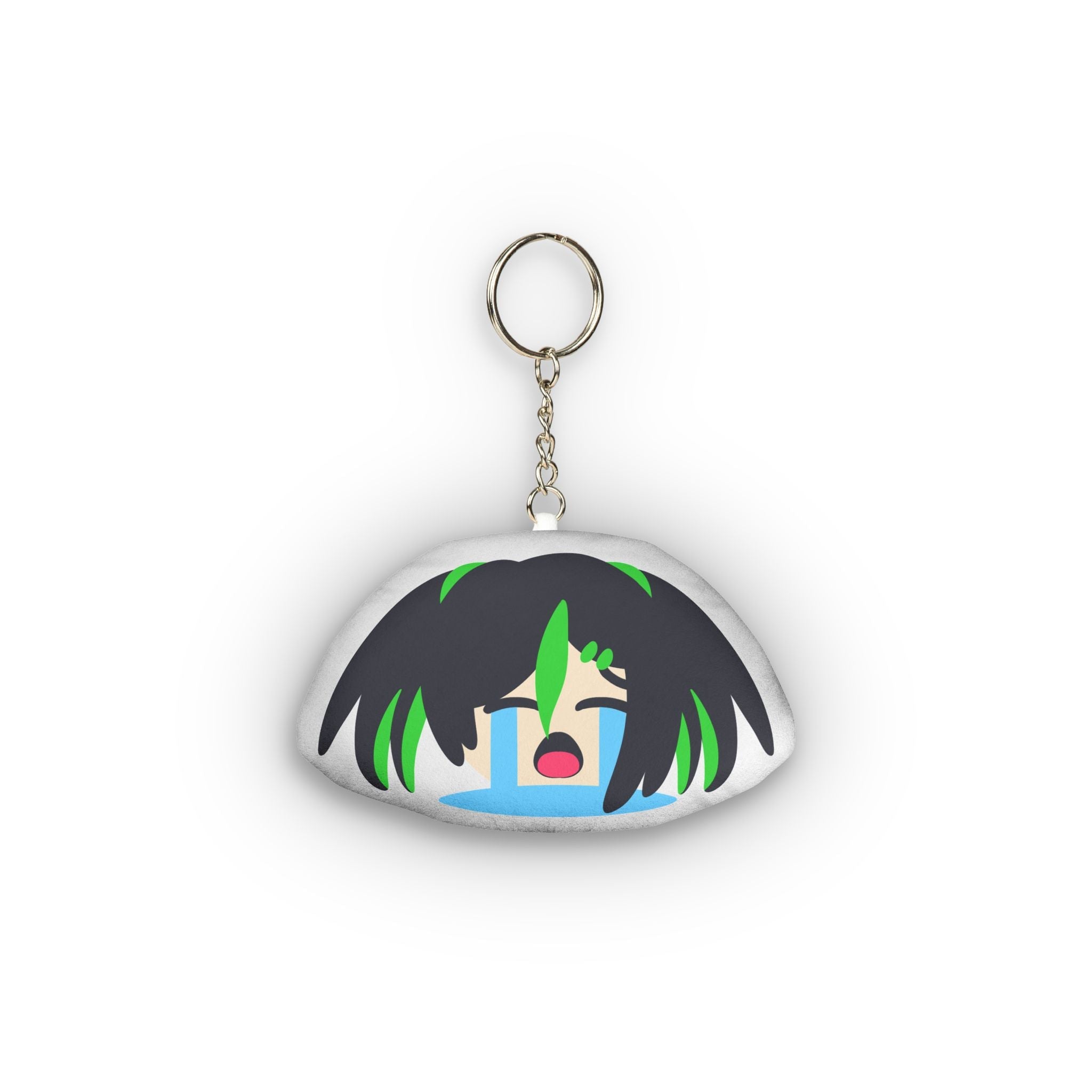 Adorable hentai-style plush keychain of anime girl with short black hair accented by vibrant green highlights, distressed sobbing expression, eyes tightly closed, huge dramatic blue tears flooding down her flushed face, wide open mouth in exaggerated emotional chibi design.