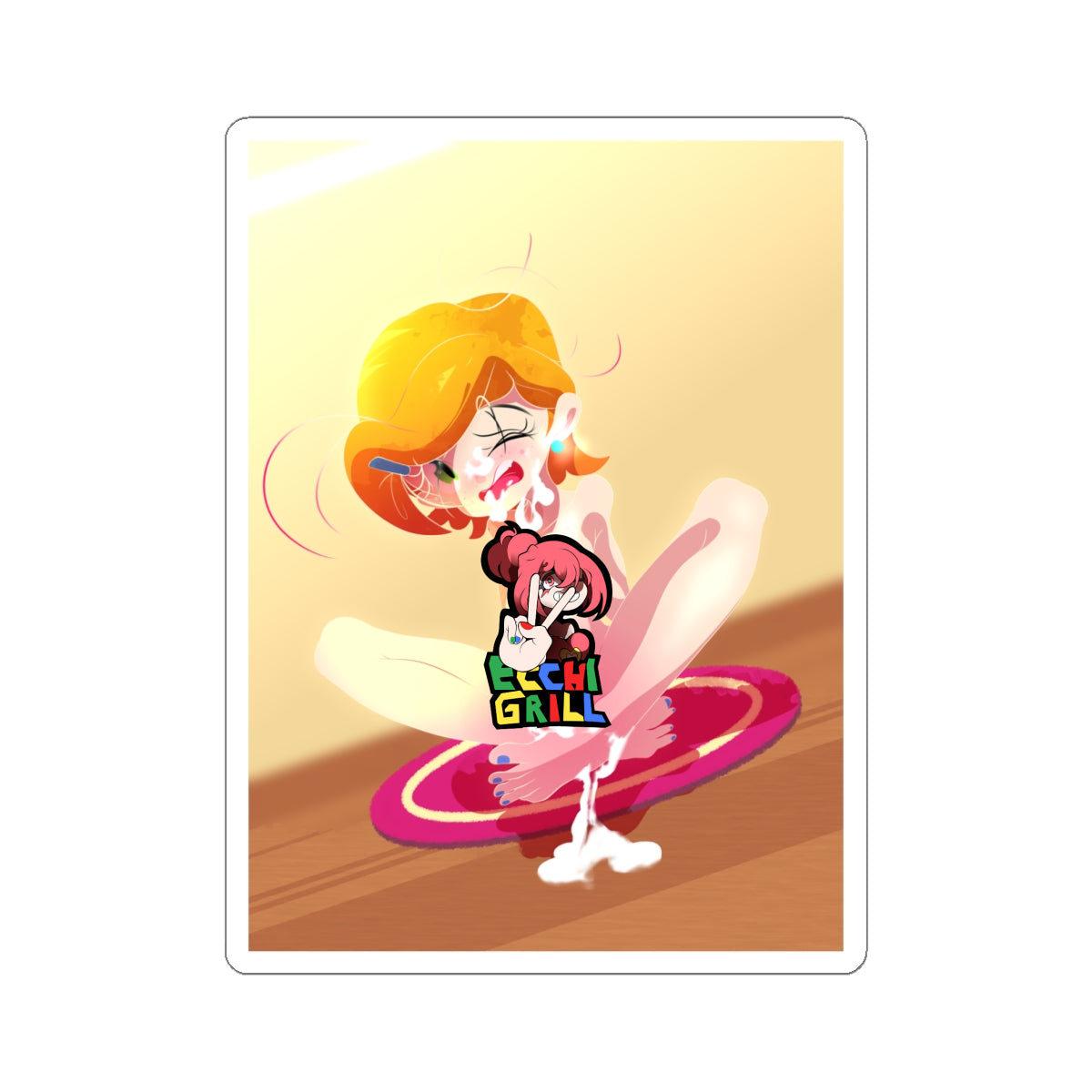 Gwen Tennyson from Ben 10 with wild orange hair, extreme ahegao expression—eyes completely rolled back, tears streaming, tongue lolling out drooling—squatting naked on pink rug while massive creampie cum erupts and overflows from her tight shaved pussy, splattering everywhere in bright room