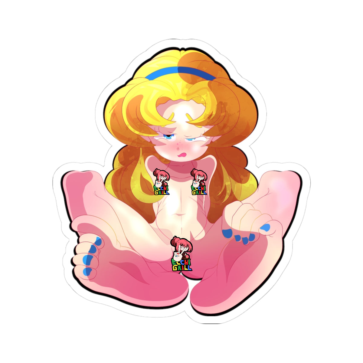 Nude anime blonde loli with curly hair and blue headband winking lazily, legs wide to expose shaved pussy with heart pasties on nipples, blue-painted toes flexed and gripping