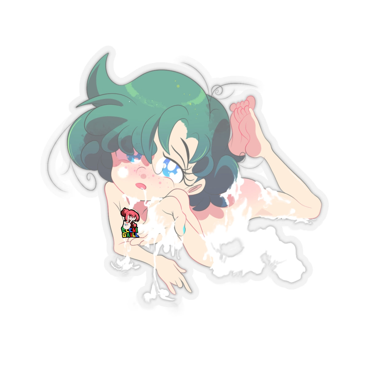 Cute chibi-style hentai anime girl with messy green hair lying naked on her side, blushing intensely with crossed blue eyes and open mouth, entire body and raised feet heavily splattered and dripping with thick white cum ropes in explicit bukkake and foot fetish scene.