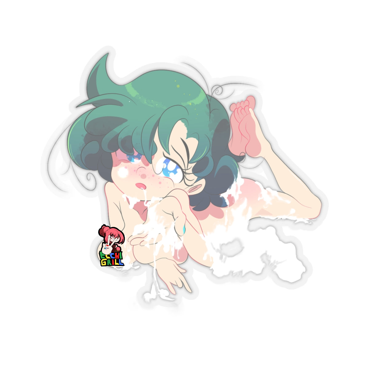 Adorable anime hentai girl with wild green hair lying naked on her side, face flushed and ahegao-style with drool, entire body splattered in heavy white cum loads, focusing on her raised pink soles and feet drenched in sticky semen during intense bukkake scene.