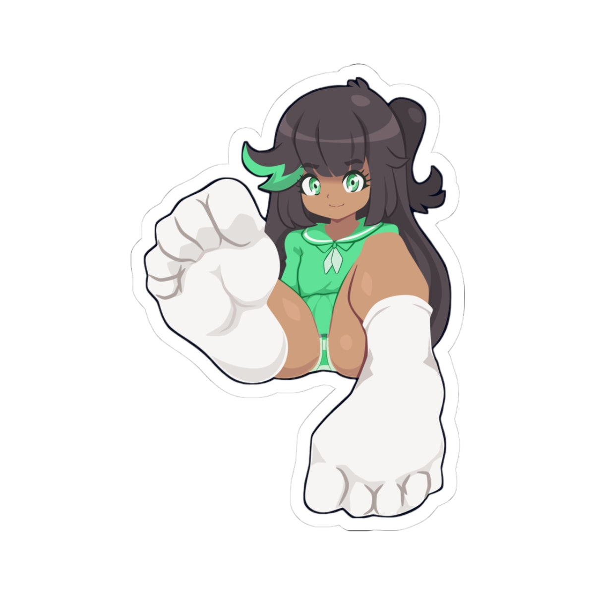 Anime dark-skinned girl with black twintails in green sailor uniform, white socked feet extended toward camera in POV, toes flexing playfully