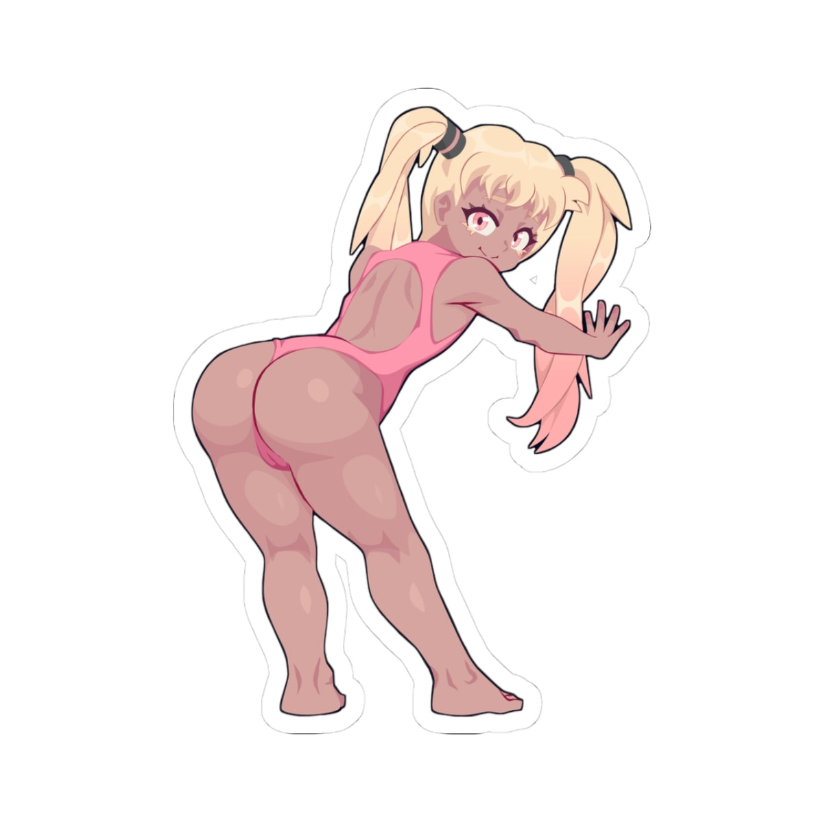 Die-cut vinyl sticker of dark-skinned anime girl with blonde twintails, bent over in tight pink one-piece swimsuit wedgied high to expose massive round ass cheeks and bare soles, glancing back seductively