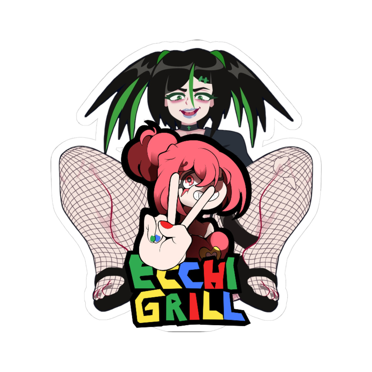 Die-cut vinyl sticker of goth anime girl with black-green twintails smirking, legs spread in fishnet stockings and black heels, massive erect cock and balls centered between thighs