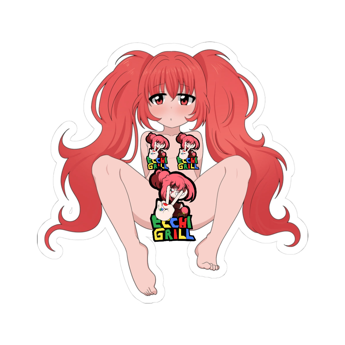 A. Title: Nude Redhead Twintails Hentai Babe Squats Full Spread - Tsundere Shaved Pussy & Tiny Tits - NSFW Adult Anime Sticker