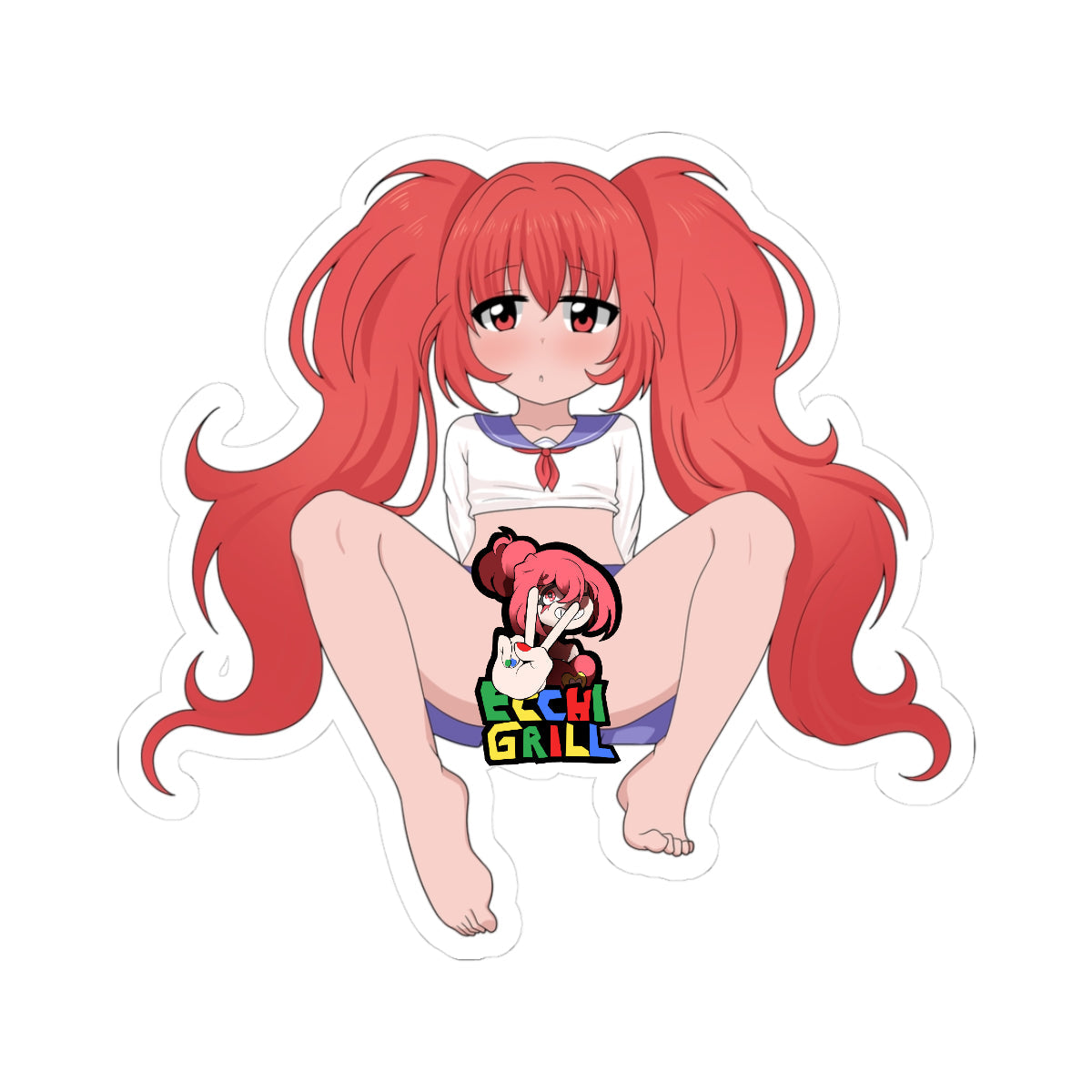 Anime redhead with long twintails and red eyes blushing hard, squatting wide in cropped sailor top and blue skirt pulled aside, exposing shaved pussy between bare thighs