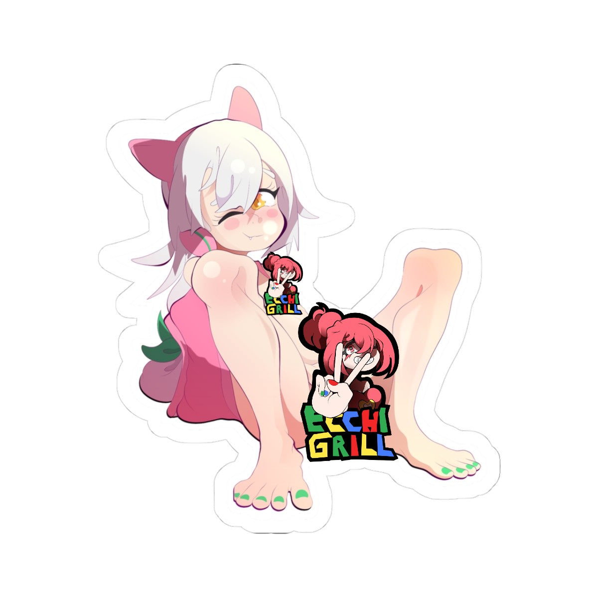 Naughty Femboy Hentai White Hair Yellow Eyes Jerking Off Pink Dress Green Nails - NSFW Adult Anime Sticker