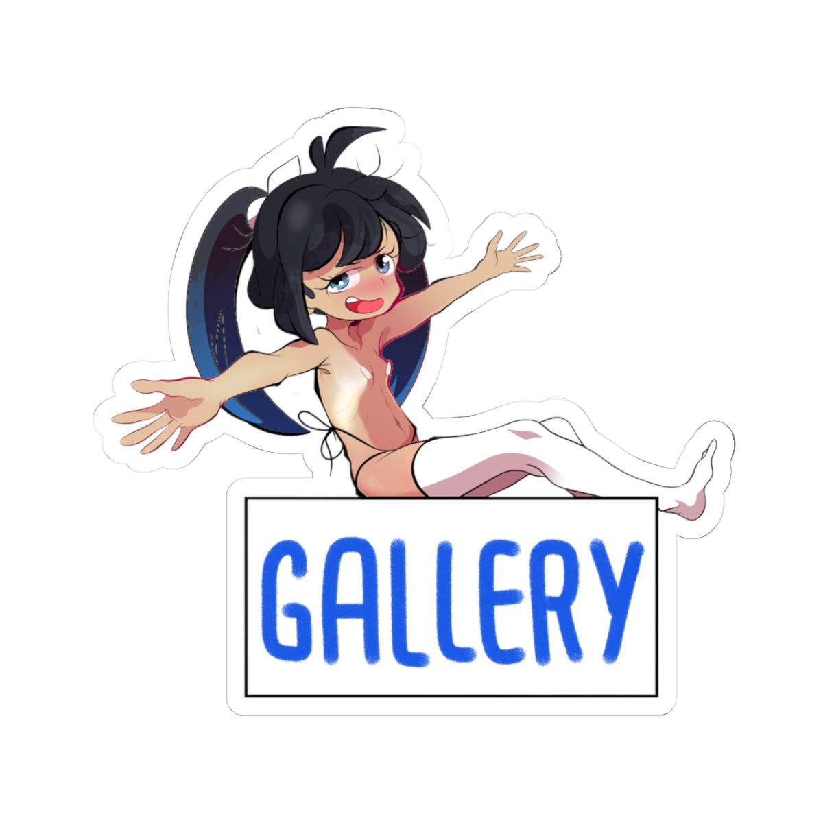 Energetic black-haired anime loli with blue eyes beaming happily, topless and bottomless except for white thighhigh stockings, mid-air jump with arms wide and legs kicking playfully over a blue "GALLERY" sign on white background