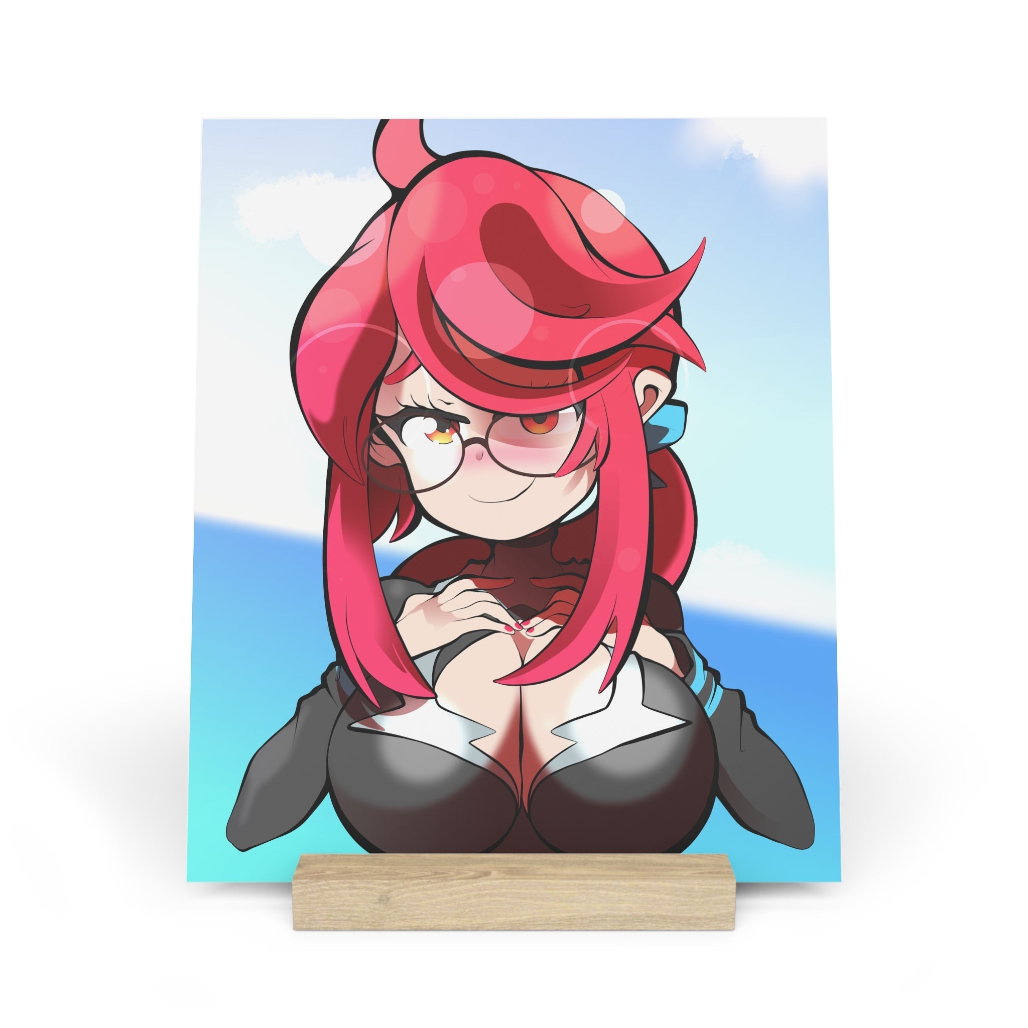 Cute chibi Mars from Pokemon with wild red hair in twin buns and glasses, red eyes glaring with sly smile, black-and-red Team Galactic uniform pulled low exposing huge round breasts in deep cleavage, hands forming heart shape pushing tits together, blue sky and ocean horizon background with soft bubbly clouds.