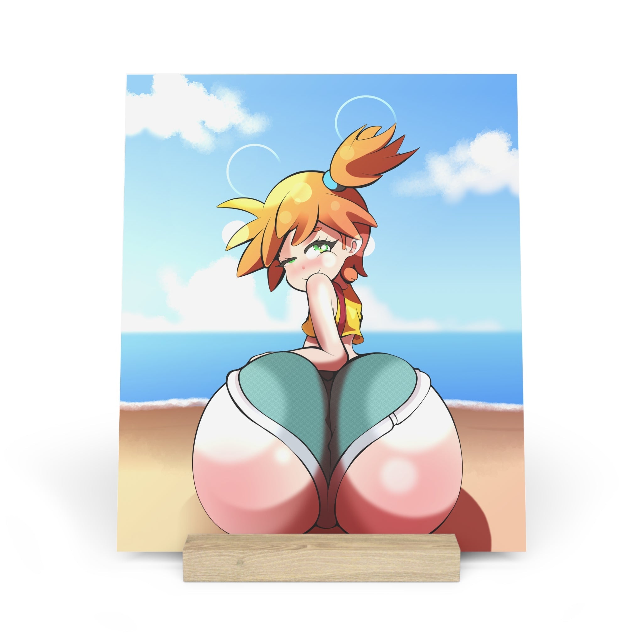 Cute chibi Misty from Pokemon with spiky orange ponytail and blue side ponytail, green eyes with pouty blush, yellow crop top and shorts hiked up, perched atop massive round pink bubble ass cheeks spread toward viewer exposing glistening pink pussy, one hand on cheek, sunny beach horizon with blue ocean and bubbly sky background.
