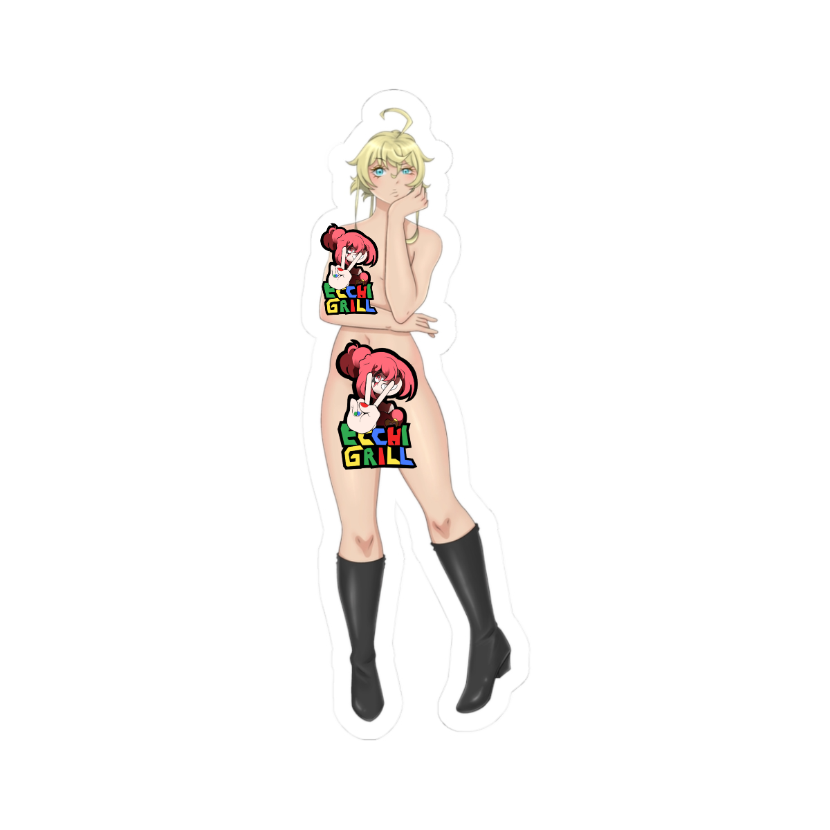 Shy blonde anime trap with short messy hair and bright blue eyes, blushing face with hand on cheek, completely nude slim body showing small flaccid penis, wearing only black knee-high boots, standing in a coy pose on white background.