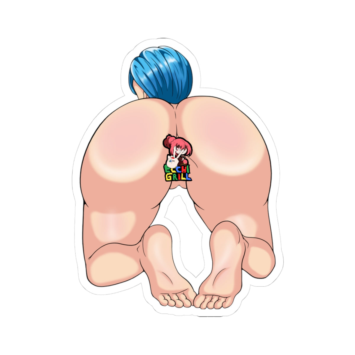 Rear view of fully nude Bulma from Dragon Ball in a deep forward bend pose, massive round ass cheeks fully spread wide apart, tight pink asshole prominently centered, puffy pussy lips visible below, short blue hair in a ponytail, thick muscular thighs and calves, bare feet flat on the ground.