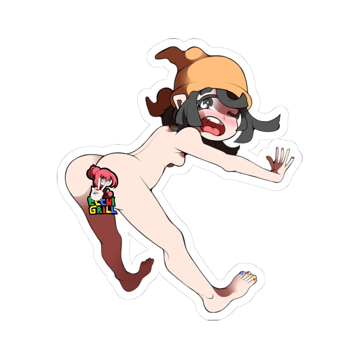 Nude tomboy anime girl with orange beanie fallen face-down ass up, plump bare ass and puffy exposed pussy visible between spread cheeks, desperate ahegao face with tongue lolling and teary eyes, one arm outstretched, barefoot with rainbow painted toenails on brown feet, dynamic tripping pose on transparent background.