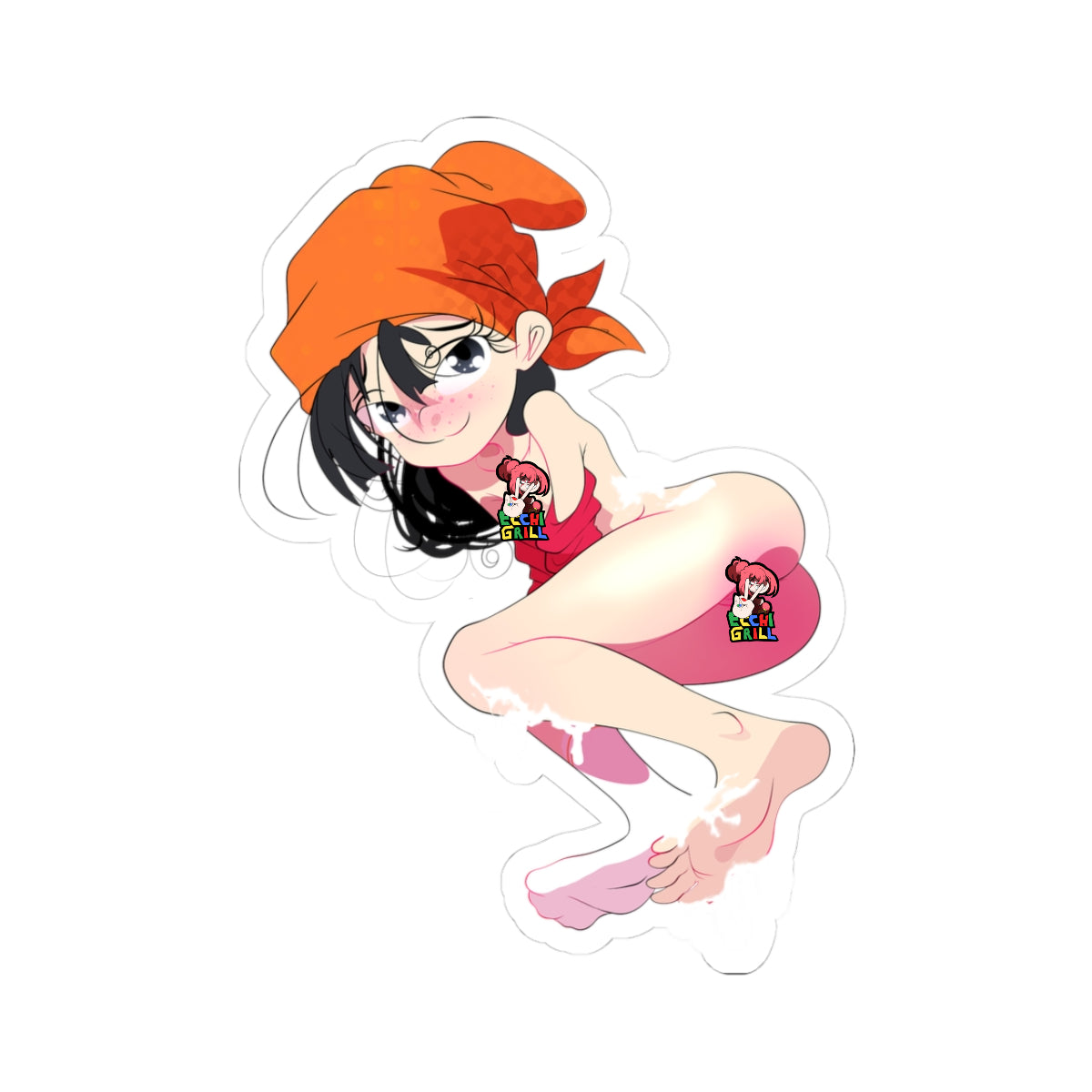 Adorable anime girl with black hair and orange bandana headscarf, squatting pose showing big ass and bare feet covered in thick white cum, red top and shorts pulled aside revealing pussy, flushed cheeks and playful expression in lewd hentai sticker style.
