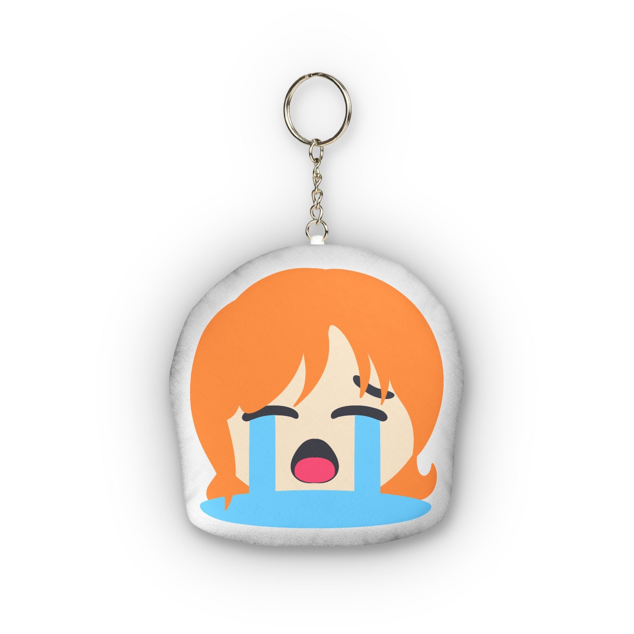 Adorable hentai plush keychain of anime girl with vibrant orange hair and twin ponytails, distressed crying face with eyes closed tight, huge dramatic blue tears pouring down, wide open sobbing mouth in exaggerated emotional chibi style.