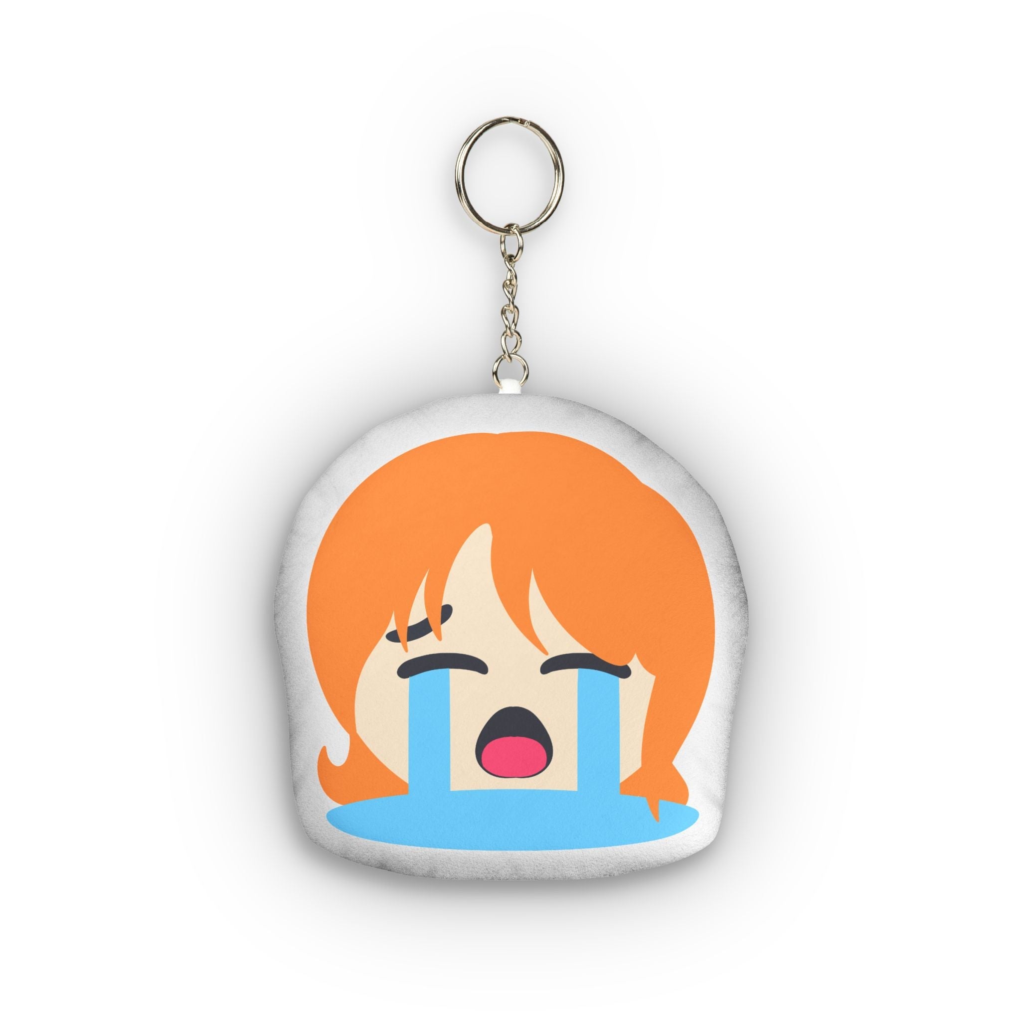 Adorable hentai plush keychain of anime girl with vibrant orange hair and twin ponytails, distressed crying face with eyes closed tight, huge dramatic blue tears pouring down, wide open sobbing mouth in exaggerated emotional chibi style.