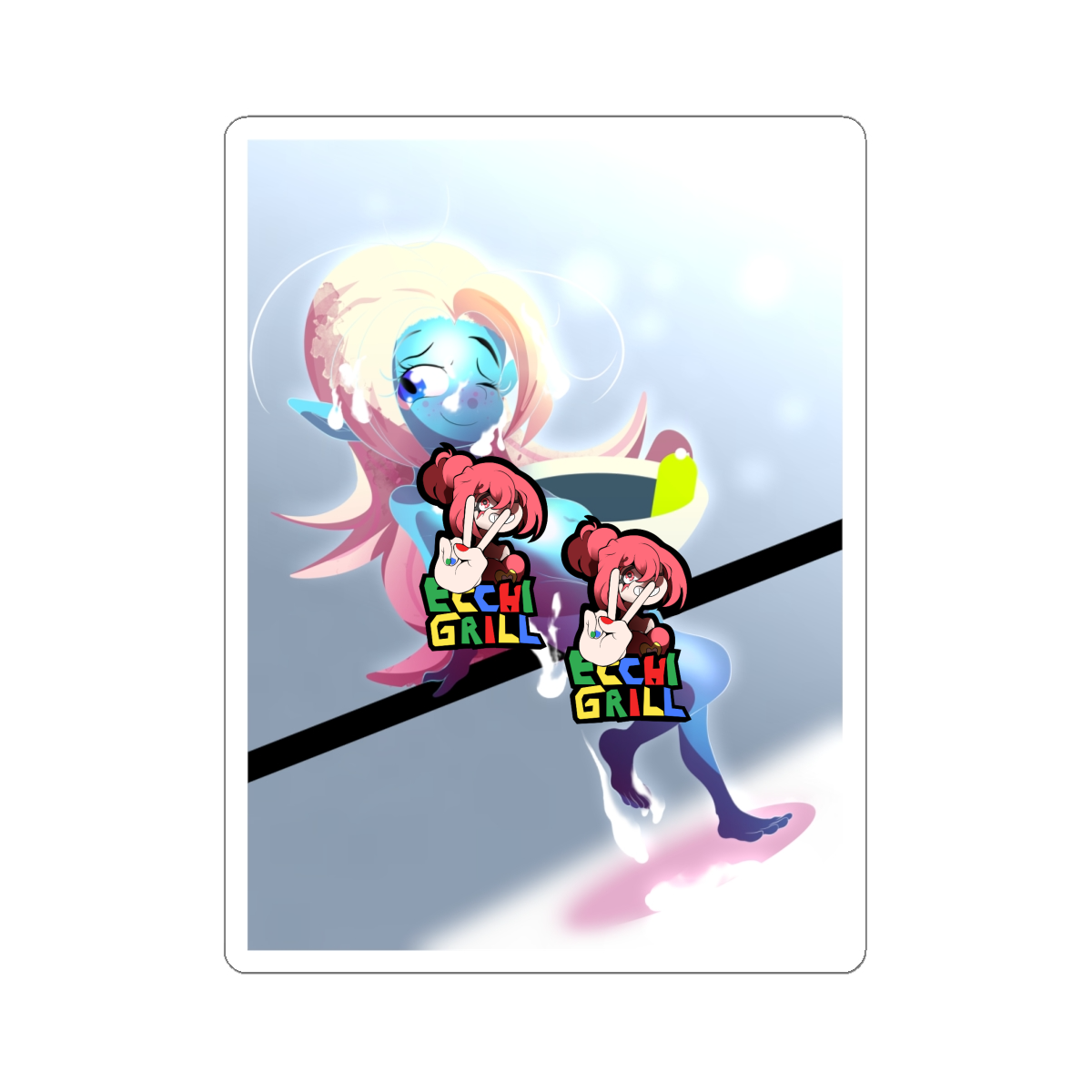 blue-skinned Panzy from Dragon Ball Daima with long pink-blonde hair, blushing ahegao wink and ecstatic expression, body and face heavily covered in thick white cum splatters and drips while posing provocatively in a mystical glowing background.