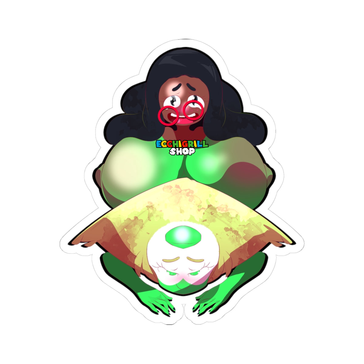 Green-skinned Peridot from Steven Universe in total ahegao bliss, eyes spiraling and drooling, her enormous jiggling alien ass cheeks spread wide as Connie Maheswaran is forcefully sucked feet-first into Peridot’s stretched pulsating green asshole, lower body already swallowed with a massive round belly bulge forming