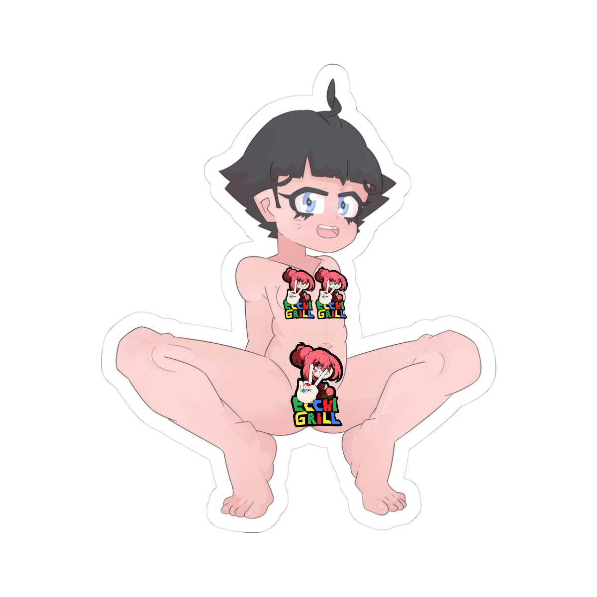 Adorable petite anime girl with short black hair, glasses, and big blue eyes in full ahegao expression, completely nude squatting with legs spread wide, exposing small breasts and smooth shaved pussy.
