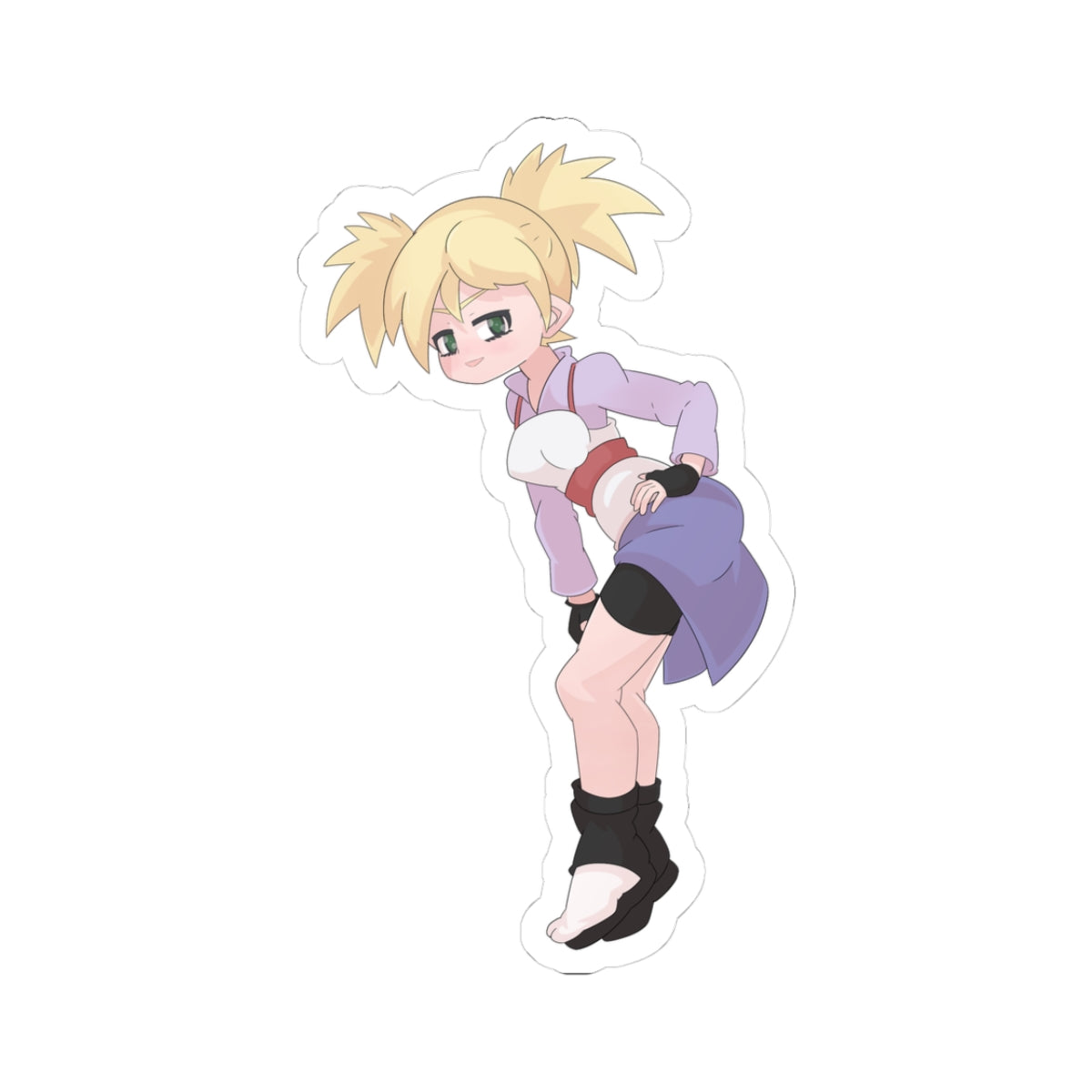 Cute petite blonde anime girl with twintails and green eyes bending over teasingly, wearing a short purple skirt hiked up to reveal her thick ass and bare thighs, purple top with red accents, black thighhighs and boots, playful smirk on her face.