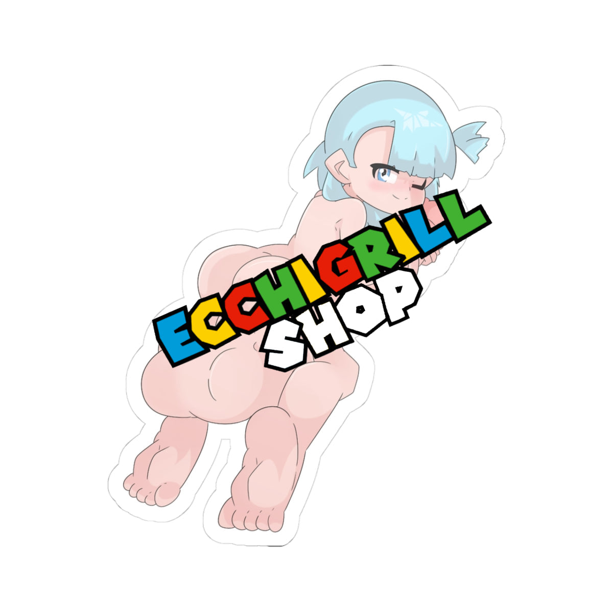 Fully nude petite girl with short light-blue hair in ponytails, smug dominant expression, lying prone while her enormous erect cock swallows a prey feet-first, massive round bubble butt and thick thighs raised high, huge veiny shaft bulging dramatically with the shape of the swallowed prey, long bare legs stretched out, heavily swollen balls churning below as digestion begins.