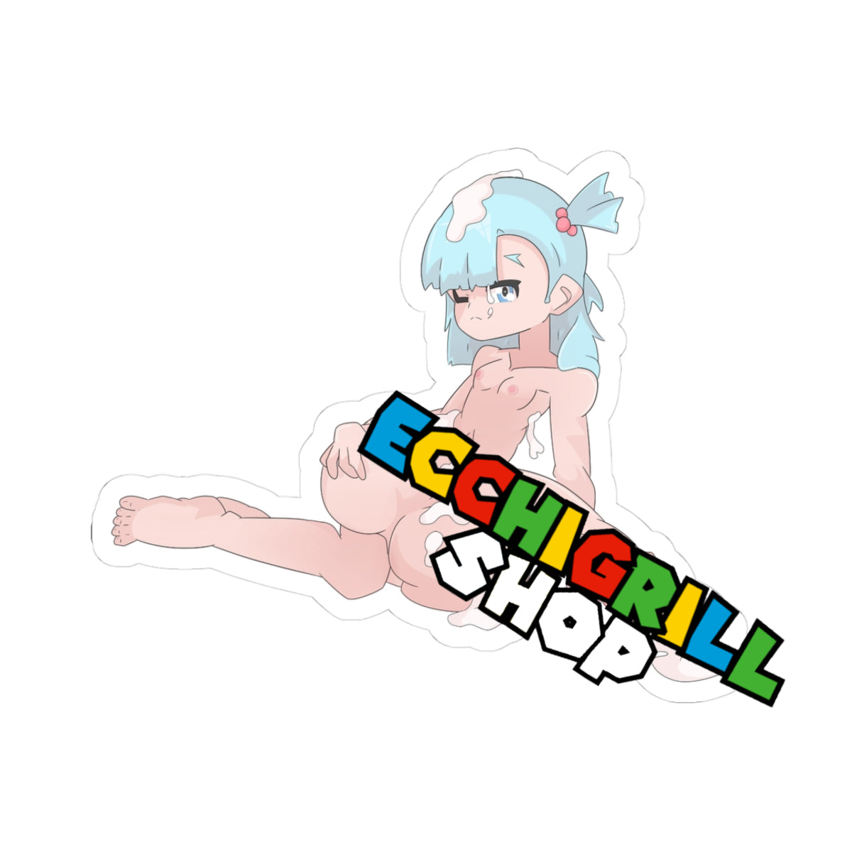 Fully nude petite futa girl with short light-blue hair in ponytails with red bows, diamond gem on forehead, pointed ears, smug bratty expression mixed with teary eyes, sitting with legs spread wide in splits position, entire body covered in thick white cum ropes dripping from hair, face, small breasts, massive erect cock, and heavily swollen balls resting on thick thighs and huge round bubble butt, bare feet visible.