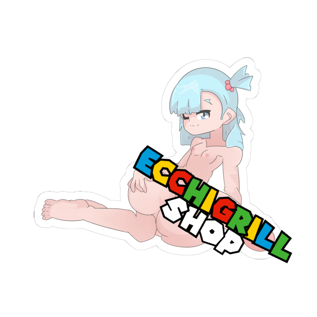 Fully nude petite futa girl with short light-blue hair in ponytails with red bows, diamond gem on forehead, pointed ears, smug bratty expression mixed with teary eyes, sitting with legs spread wide in splits position, entire body covered in thick white cum ropes dripping from hair, face, small breasts, massive erect cock, and heavily swollen balls resting on thick thighs and huge round bubble butt, bare feet visible.