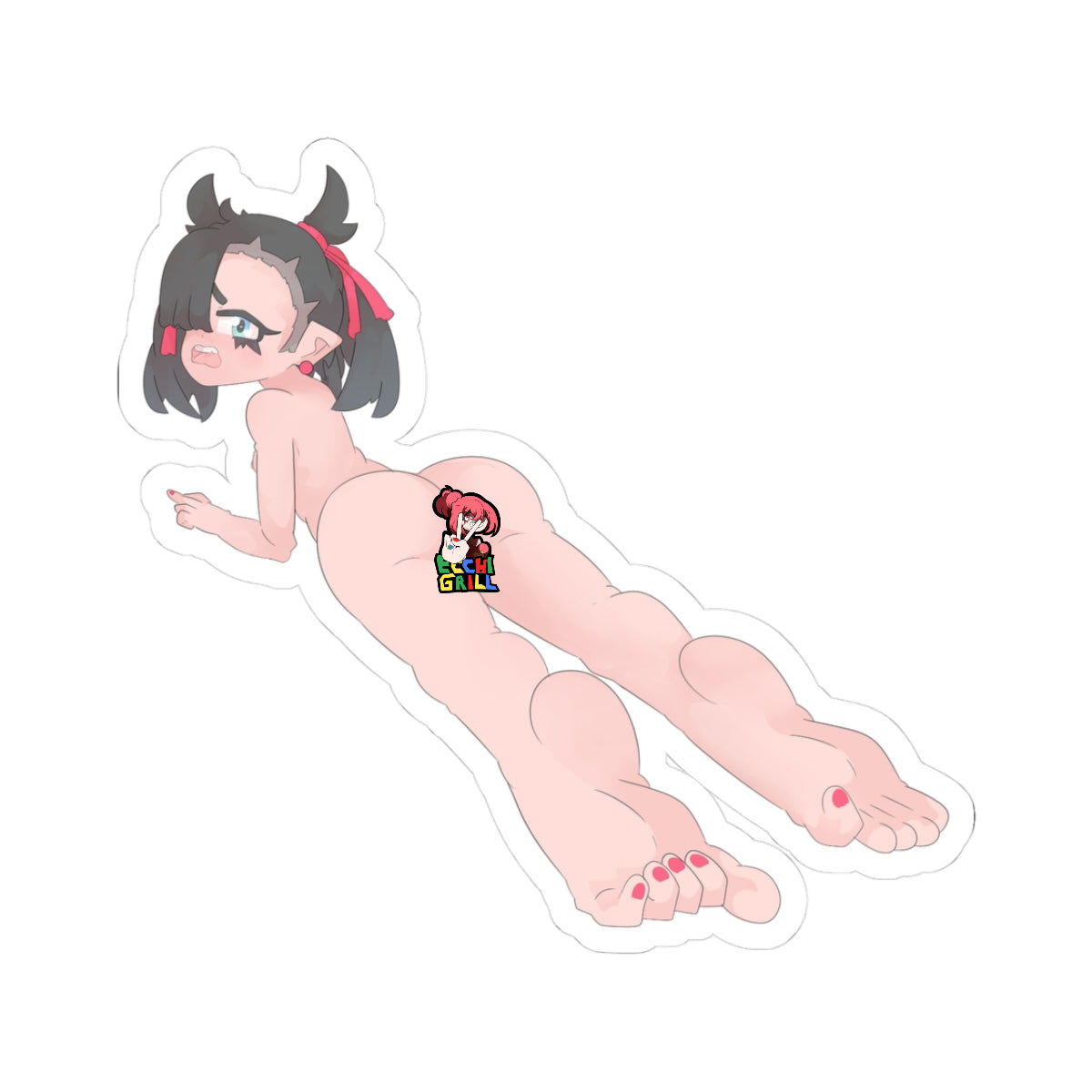 Fully nude petite girl with short black hair tied with red ribbon, pointed ears, angry bratty expression lying prone on her stomach, massive round ass and thick thighs slightly raised, long legs stretched out with red-painted toenails, small breasts pressed flat to the ground, tight pink pussy and anus visible between spread cheeks.