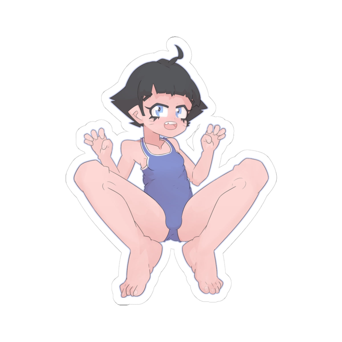 Adorable petite anime girl with short black hair, big sparkling blue eyes and excited expression, wearing tight blue one-piece swimsuit with white trim, squatting with legs spread wide exposing bare feet and prominent swimsuit bulge outline.