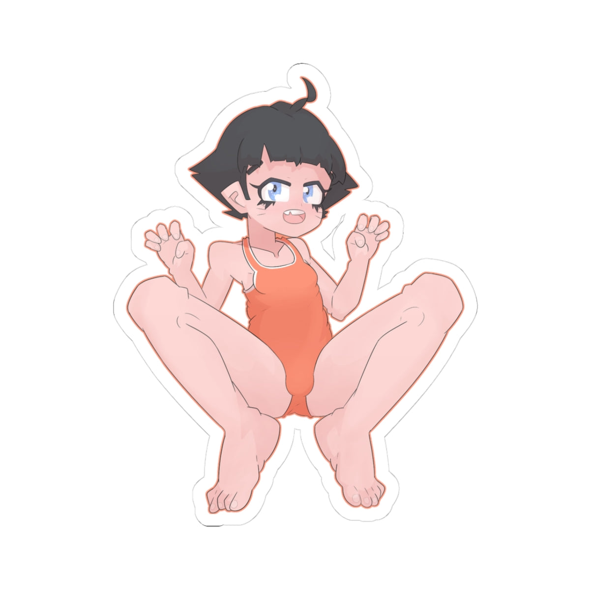 Adorable petite anime girl with short black hair, sparkling blue eyes and playful expression, wearing tight orange one-piece swimsuit, squatting with legs spread wide exposing bare feet and prominent swimsuit bulge outline.