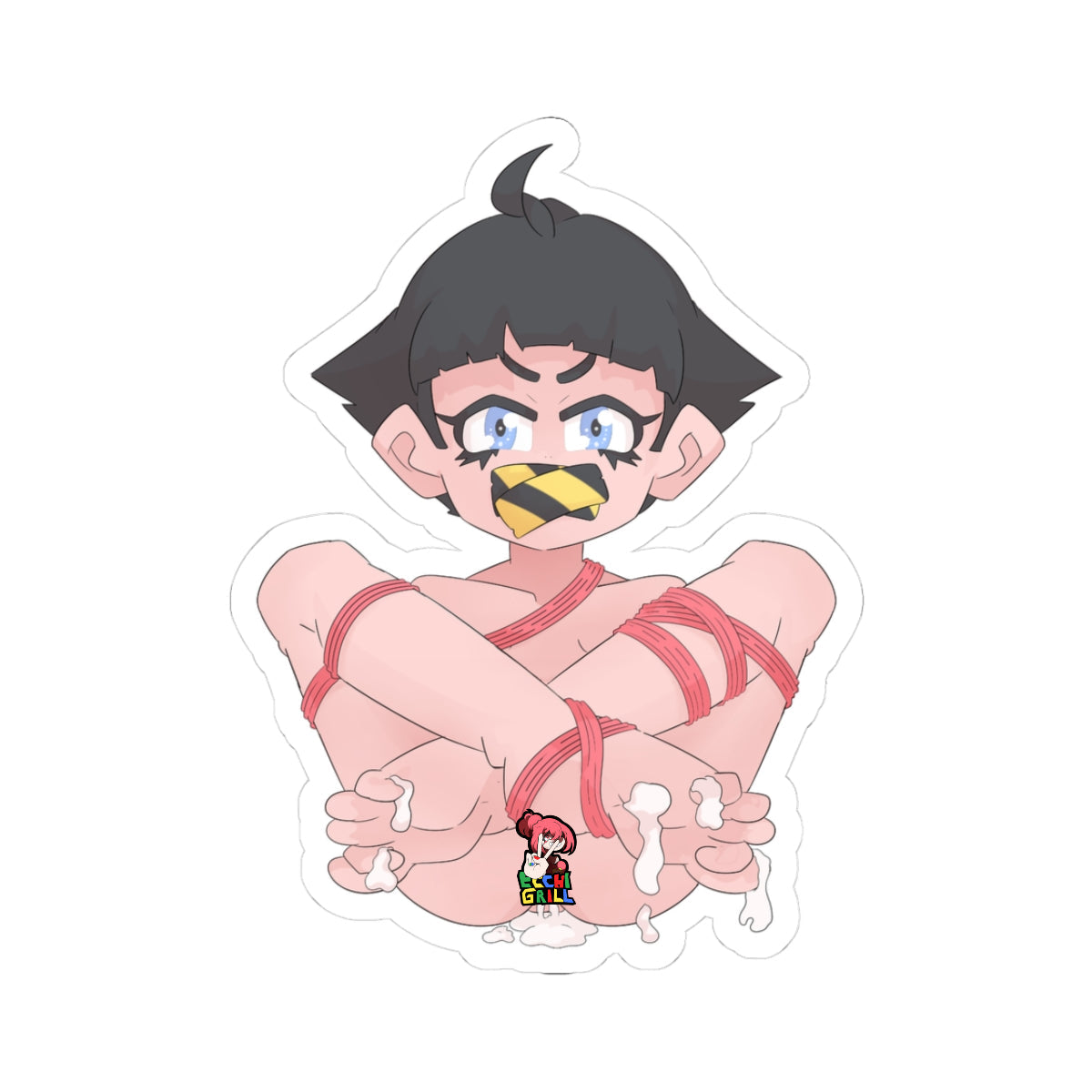 Petite anime girl with short black hair and intense blue eyes, mouth gagged with yellow-and-black caution tape, arms and legs tightly bound in red shibari ropes, sitting spread open with thick white cum dripping from her smooth shaved pussy and running down her inner thighs.