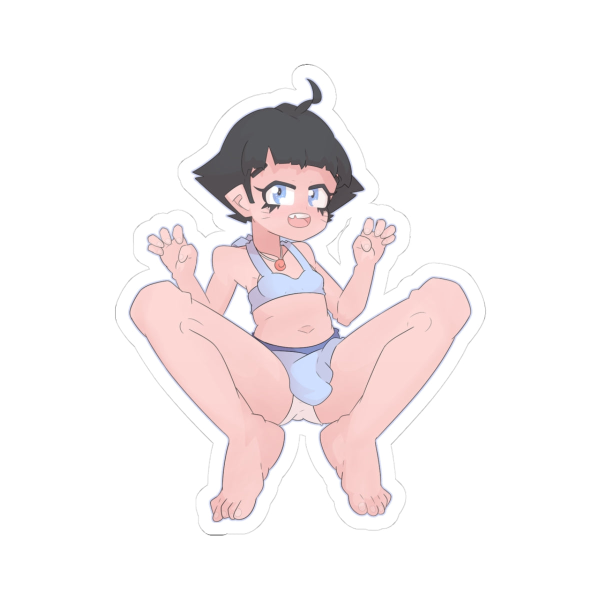 Cute petite anime girl with short black hair, big sparkling blue eyes, and playful expression, wearing light blue bikini top and matching panties, sitting with legs spread wide in a squat position, showing bare feet and visible panty bulge outline.