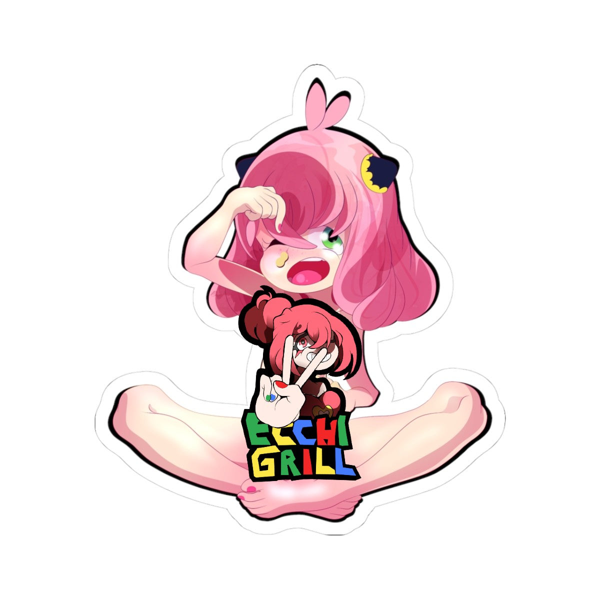 Petite pink-haired anime loli with bunny ears and bat hair clip, green eyes rolled back in intense ahegao face with tongue out and drool, completely naked sitting spread-eagle showing flat chest and smooth shaved pussy, fingers pulling lips apart