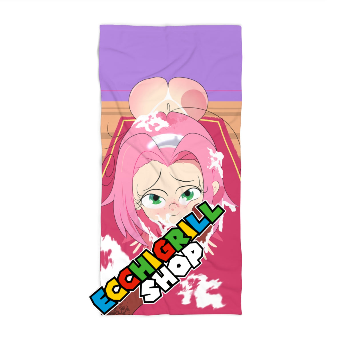 Cute pink-haired anime girl with big green eyes and messy expression, covered in thick white cum on her face and huge breasts, eagerly sucking a large brown cock while foam drips down, vibrant pink and purple background with EcchiGrill branding.
